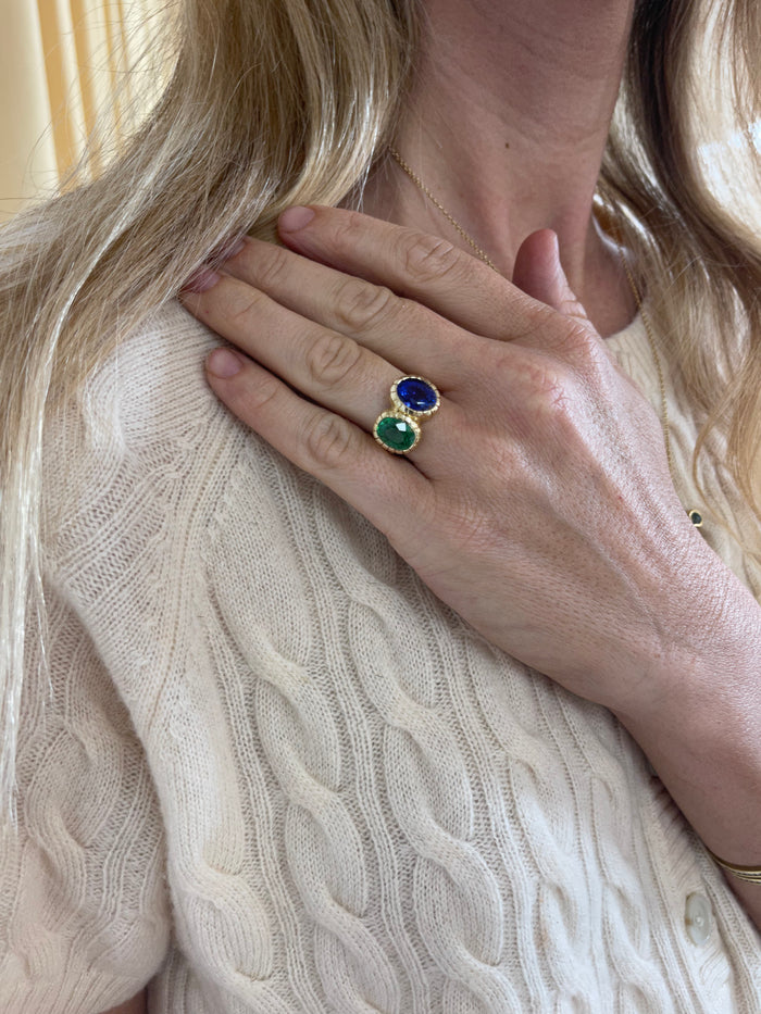 One of a kind Double Stone 3.05ct Tsavorite & 3.79ct Tanzanite Heirloom Bezel Ring
