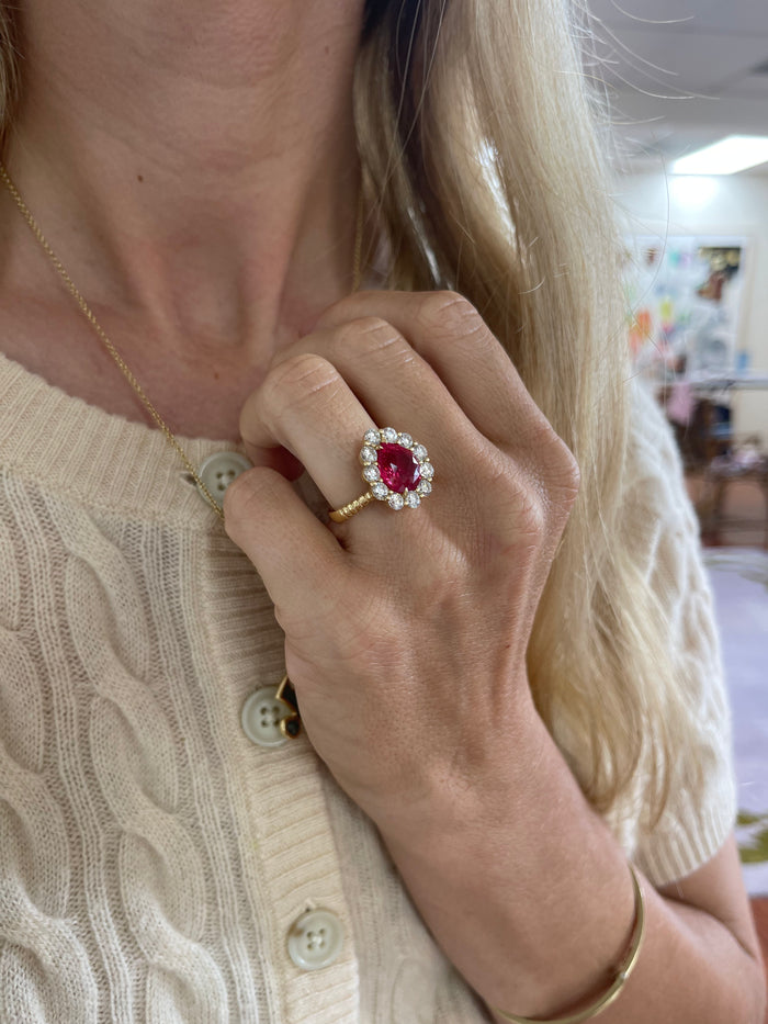One of a kind 4.5ct Mahenge Spinel and Diamond Heirloom Bezel Ring