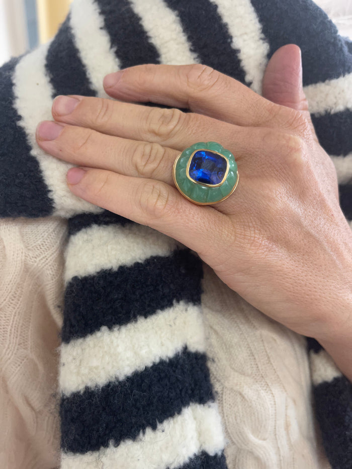 One of a Kind Lollipop Ring - 10.53ct Royal Blue Sapphire in Chrysoprase