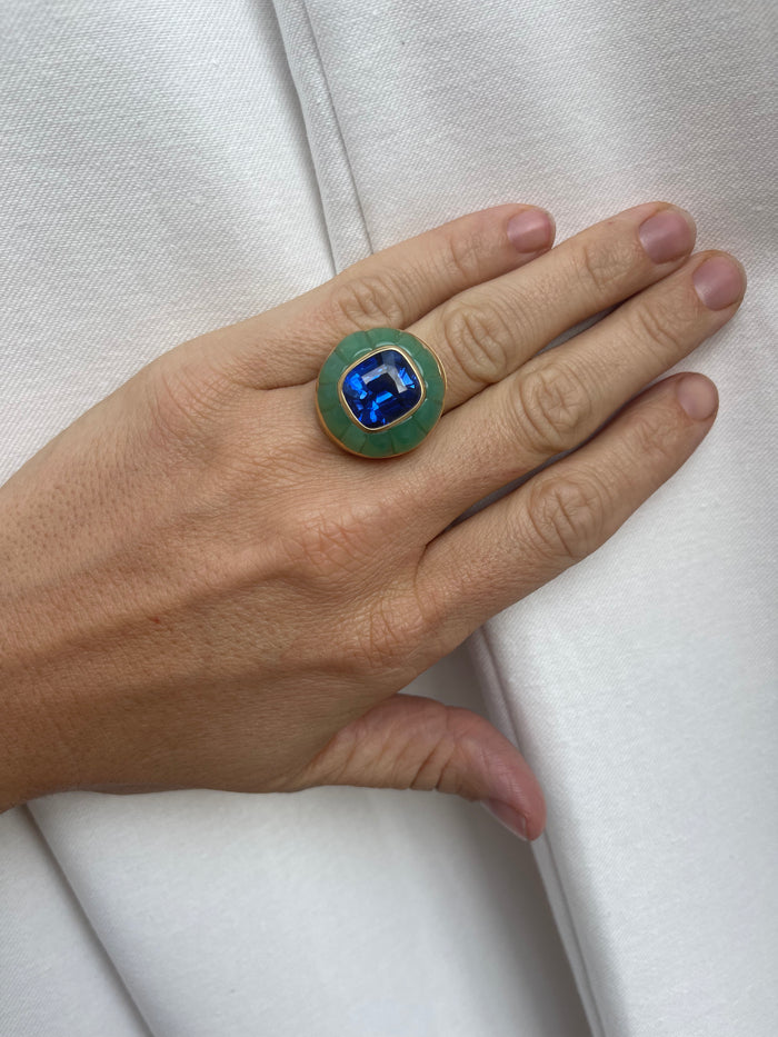 One of a Kind Lollipop Ring - 10.53ct Royal Blue Sapphire in Chrysoprase