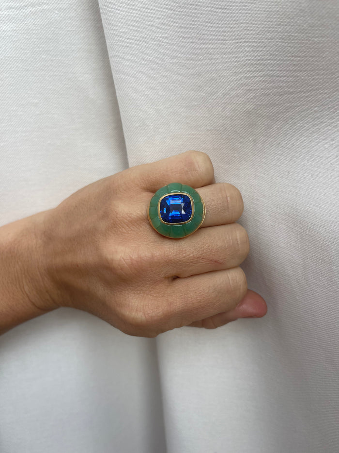 One of a Kind Lollipop Ring - 10.53ct Royal Blue Sapphire in Chrysoprase