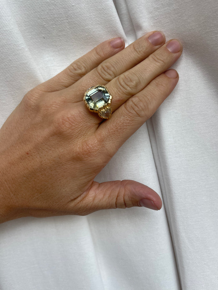 One of a kind 15.31ct Green Sapphire and GIA Diamond Heirloom Bezel Ring