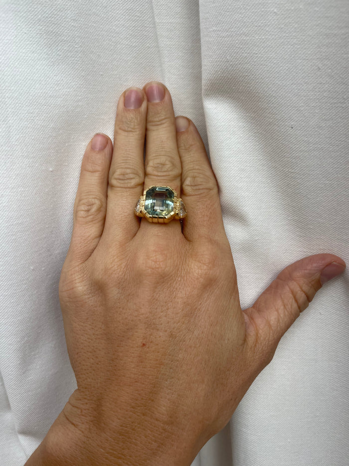 One of a kind 15.31ct Green Sapphire and GIA Diamond Heirloom Bezel Ring