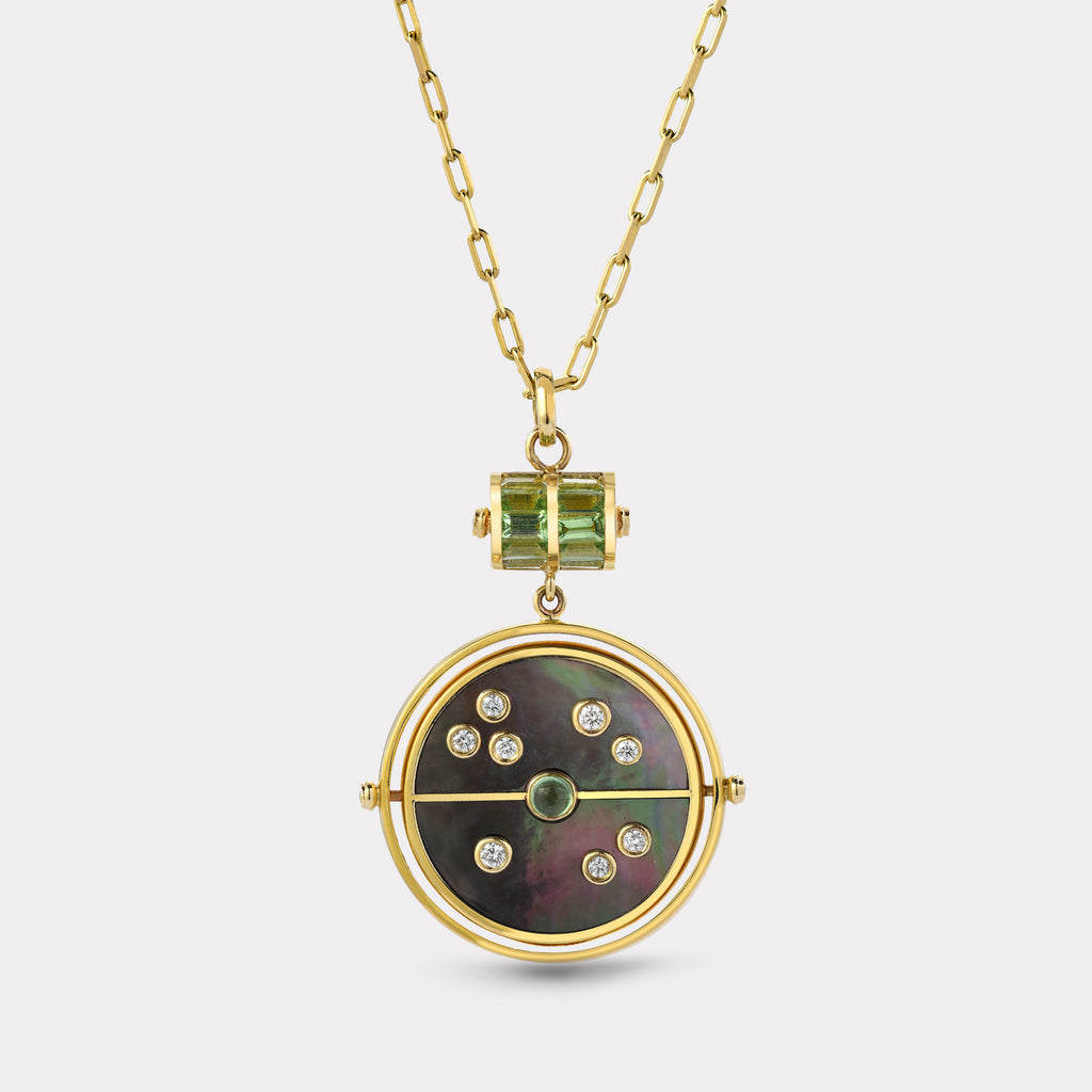 Grandfather Compass Pendant with Dark Mother of Pearl and Mint Garnet