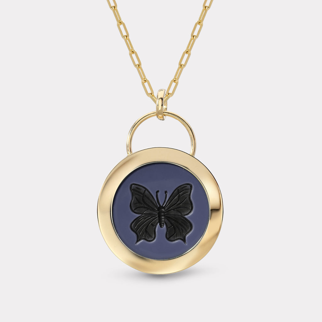 Butterfly Signature Padlock Intaglio - Double Layer Black Agate