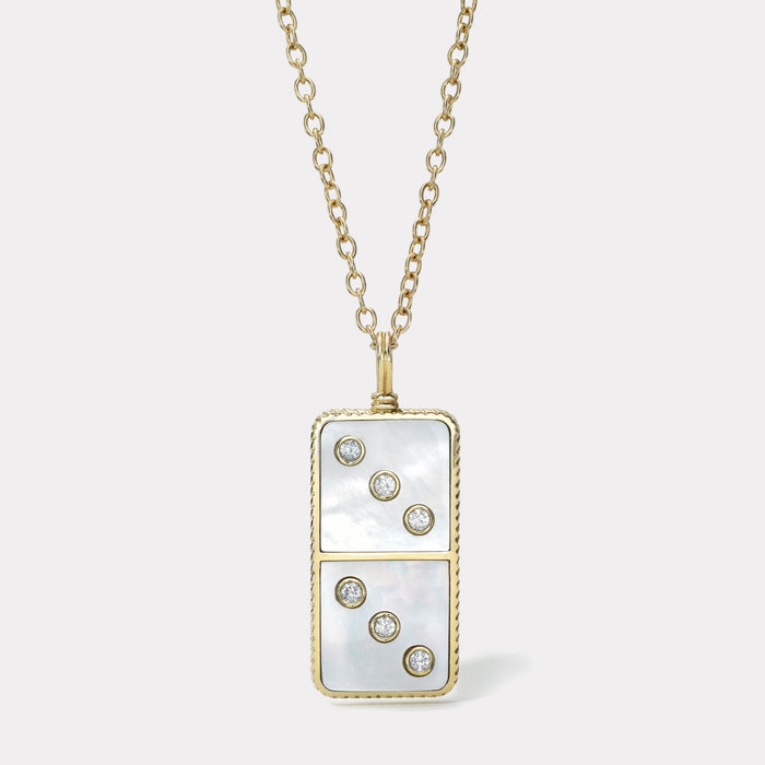 Classic Diamond Domino Necklace with Semiprecious Stone Inlay- White Mother of Pearl