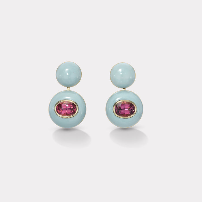 One of a Kind 8.52ct Pink Tourmaline in Milky Turquoise Lollipop Earrings