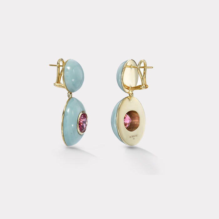 One of a Kind 8.52ct Pink Tourmaline in Milky Turquoise Lollipop Earrings