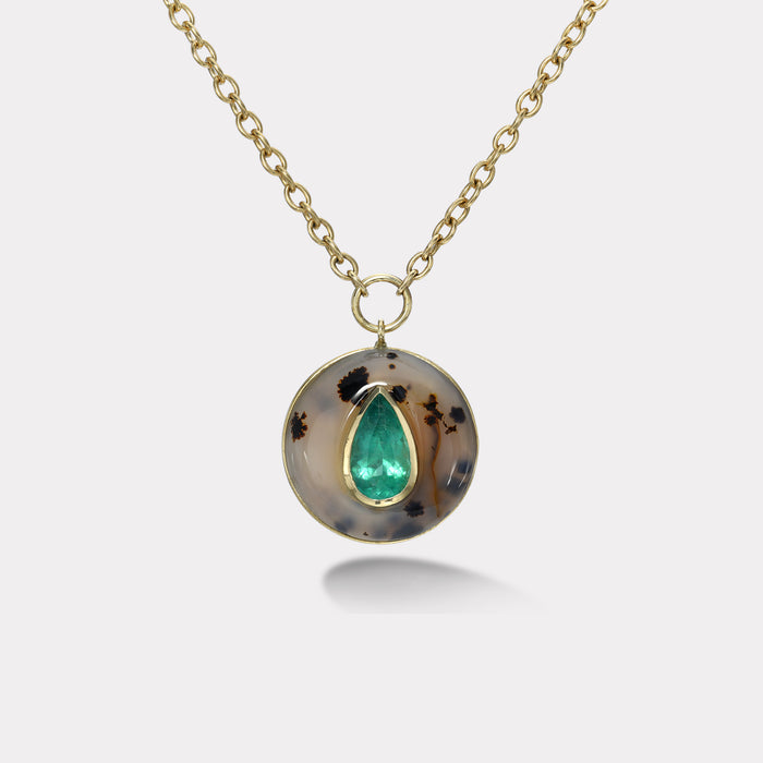 Lollipop Pendant -  2.49ct Pear Emerald in Hand Carved Dendrite