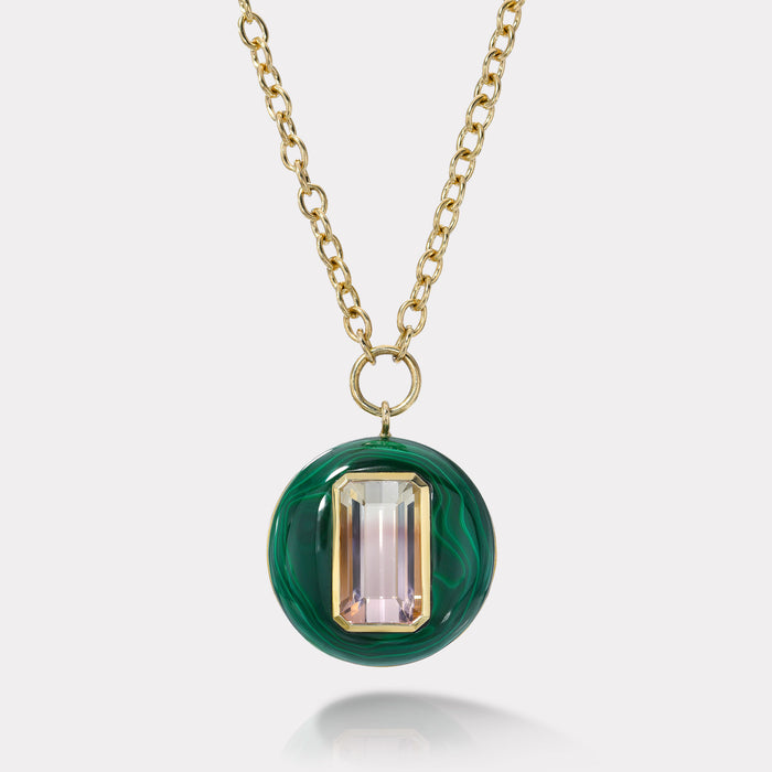Lollipop Pendant - 4.3ct Bicolor Tourmaline in Hand Carved Malachite