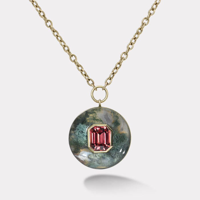 Lollipop Pendant -  4.43ct Red Tourmaline in hand carved Moss Agate