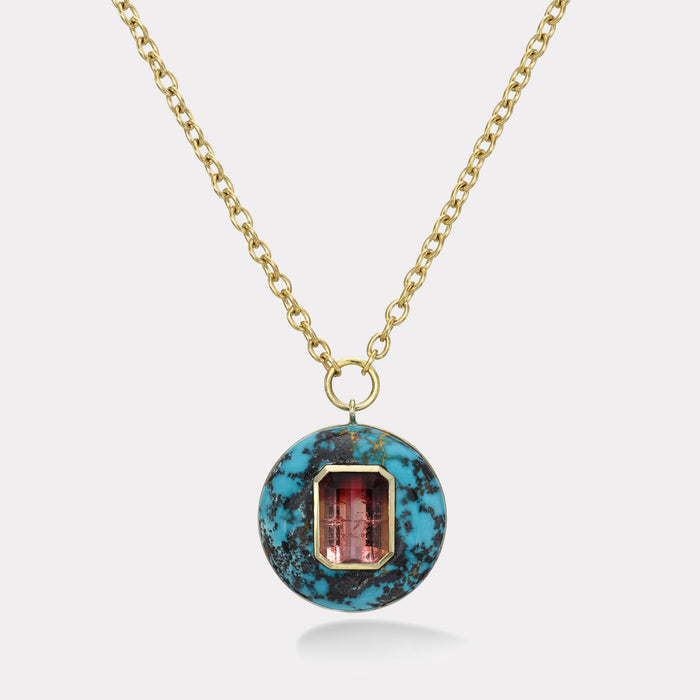 Lollipop Pendant - Bicolor Pink Tourmaline in Hand Carved Turquoise
