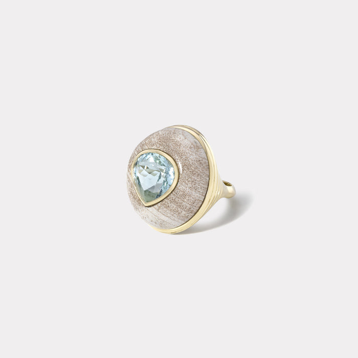 One of a Kind Lollipop Ring -  5.19ct Pear Aquamarine in Petrified Wood
