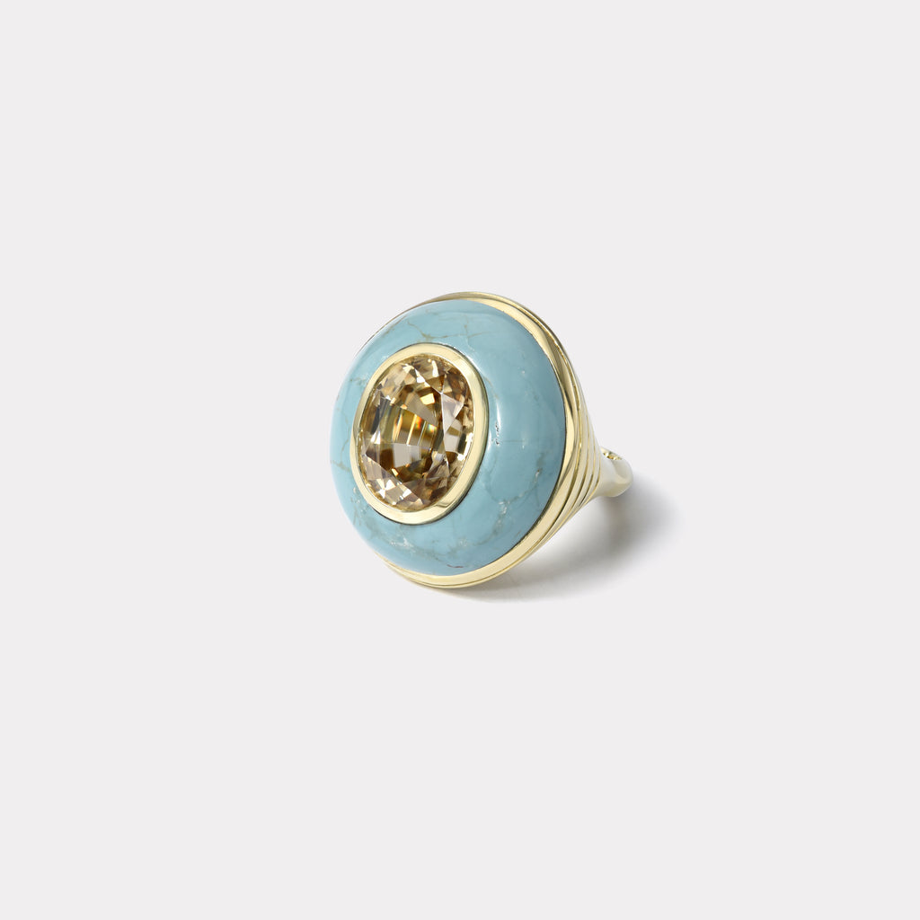 Lollipop Ring - 11.91 Champagne Zircon in Hand Carved Turquoise