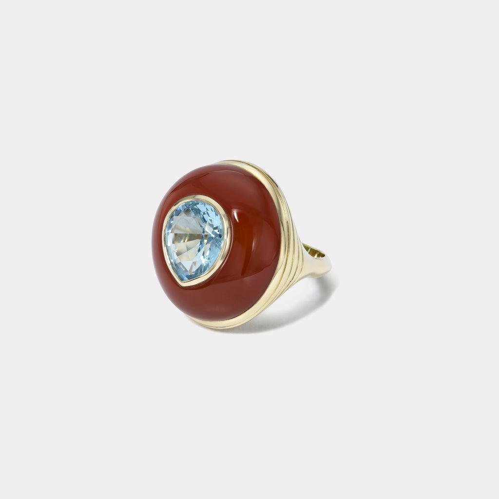 Lollipop Ring -  4.41ct Pear Aquamarine in Hand Carved Carnelian