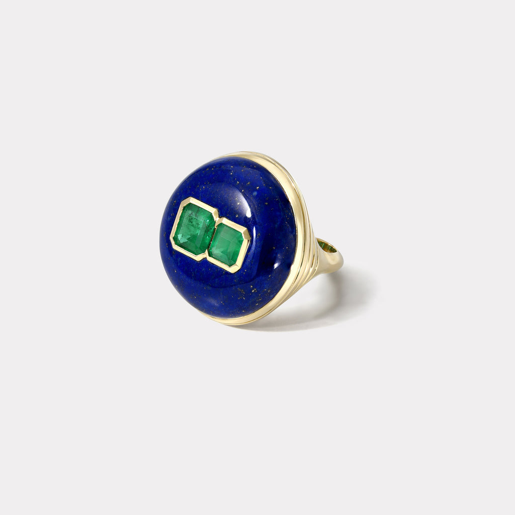 One of a Kind Lollipop Ring - Double Emeralds in Lapis
