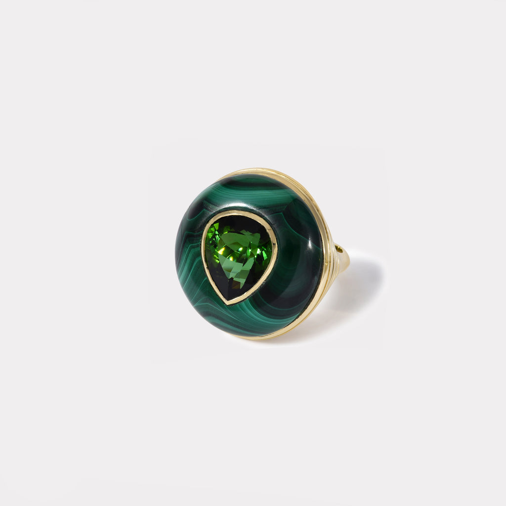 One of a Kind Lollipop Ring - Pear Green Tourmaline in Malachite