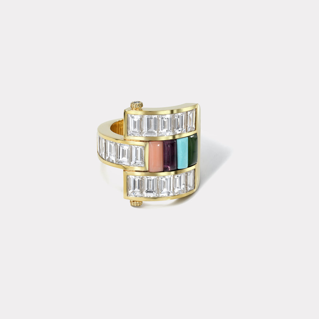 One of a kind Godmother Diamond Baguette Magna Ring with Jade, Coral, Turquoise and Amethyst