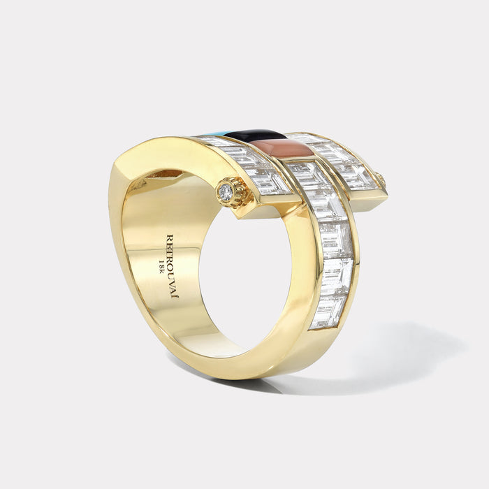 One of a kind Godmother Diamond Baguette Magna Ring with Jade, Coral, Turquoise and Amethyst