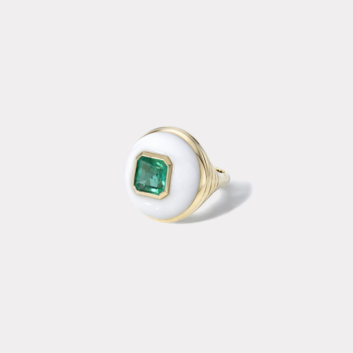 Petite Lollipop Ring - 2.68ct Square Emerald cut Emerald in Hand Carved White Chalcedony