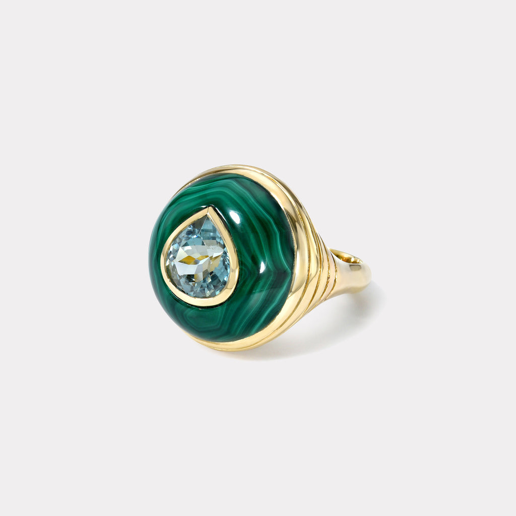 Petite Lollipop Ring - 2.7ct Pear Green Tourmaline in Hand Carved Malachite