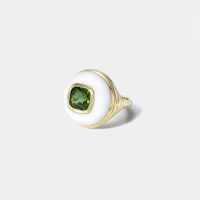 Petite Lollipop Ring - 2.9ct Cushion Green Tourmaline in Hand Carved White Chalcedony