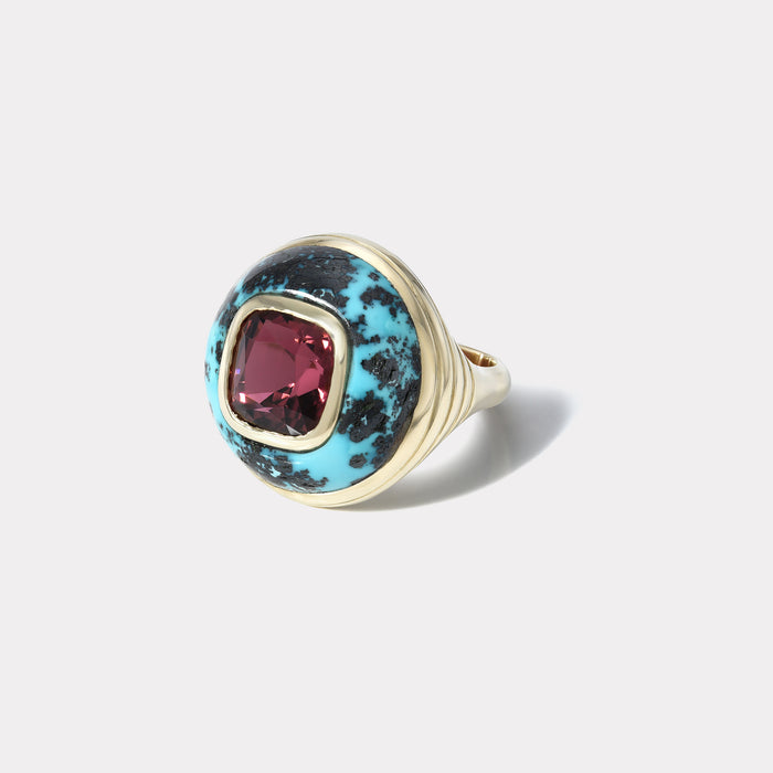 Petite Lollipop Ring - 3.43ct Red Tourmaline in Hand Carved Turquoise