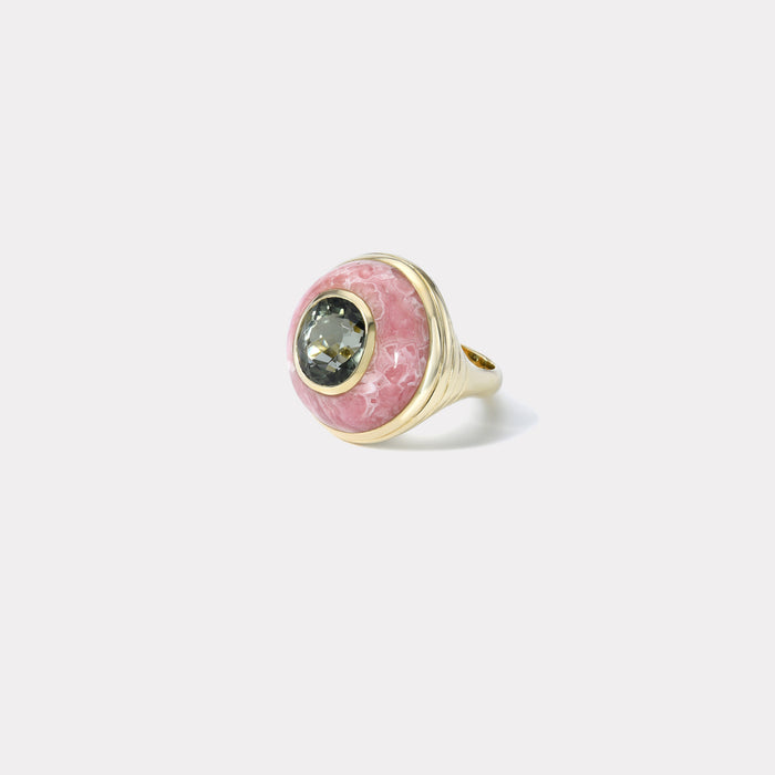 Petite Lollipop Ring - 3.4ct Green Tourmaline in Hand Carved Rhodochrosite