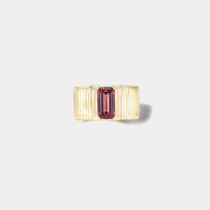 One of a kind Pleated Solitaire Band -  1.95ct Emerald cut Lotus Garnet