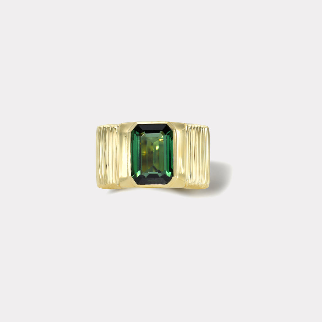 One of a kind Pleated Solitaire Band - 4.49ct Emerald Cut Green Tourmaline