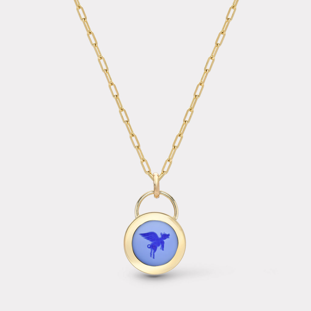 Small Flying Pig Padlock Intaglio - Double Layer Blue Agate
