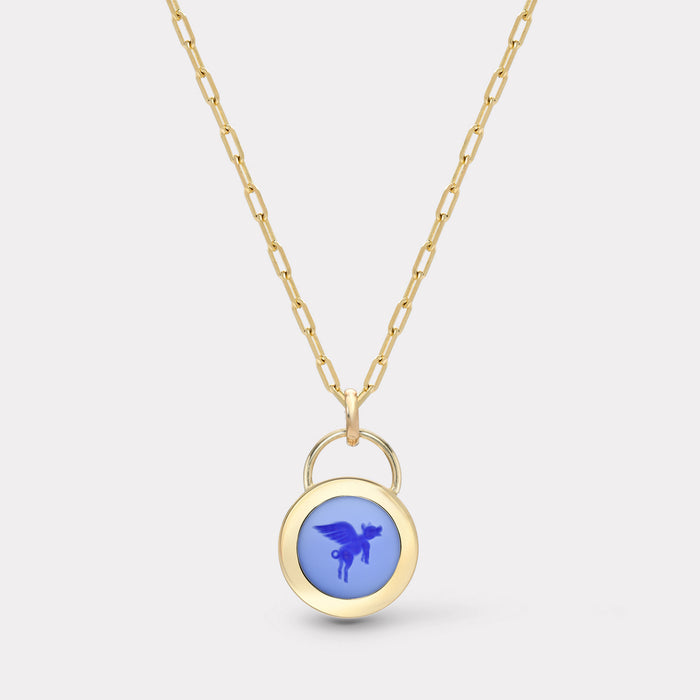 Small Flying Pig Padlock Intaglio - Double Layer Blue Agate