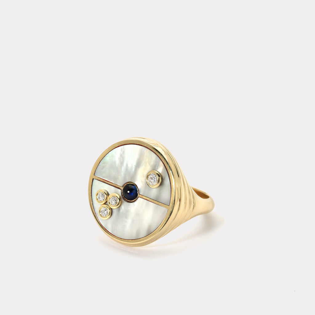 Compass Ring with Mother of Pearl and Blue Sapphire