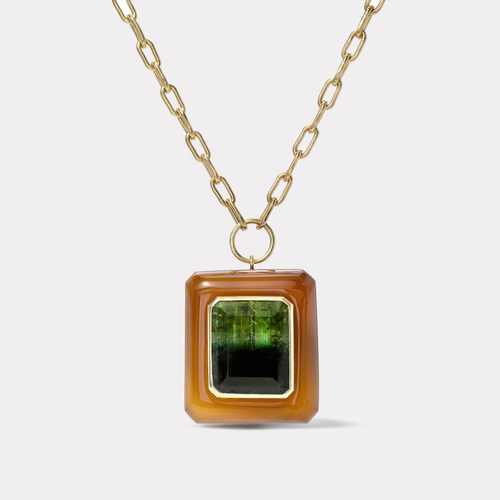 Lollipop Pendant - Emerald cut Bi-color Tourmaline in Carnelian
