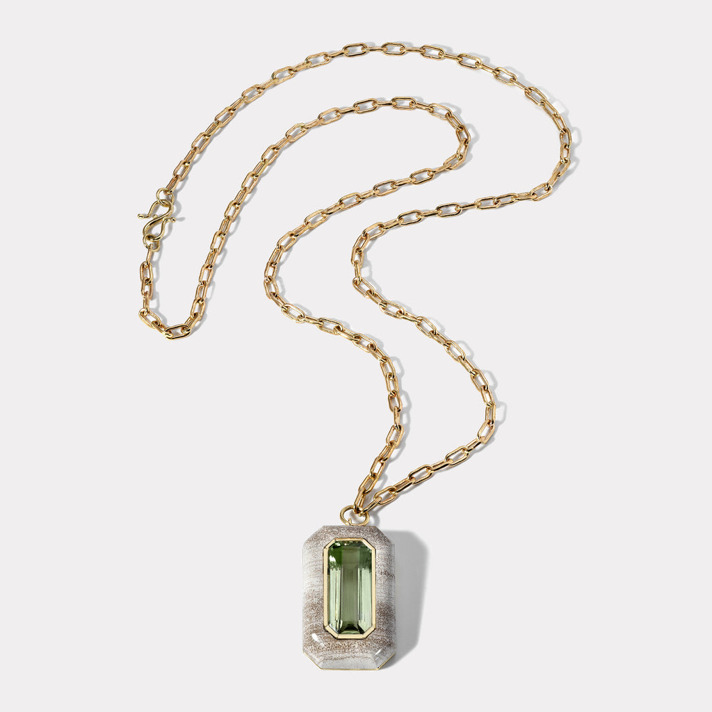 Lollipop Pendant - Green Amethyst in Petrified Wood