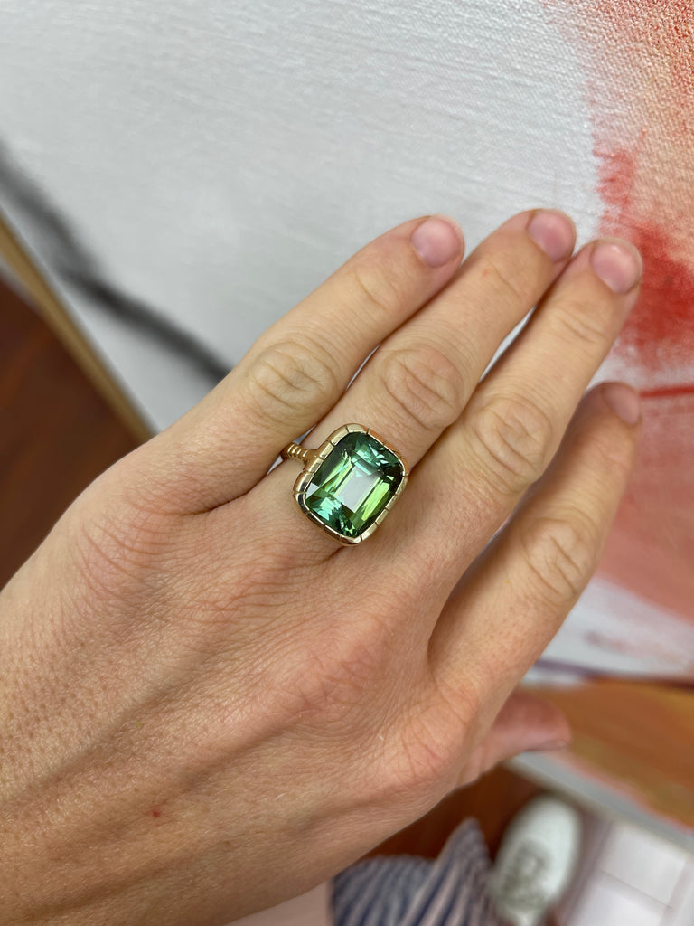 One of a kind 12.35ct cushion cut Green Tourmaline Heirloom Bezel Ring