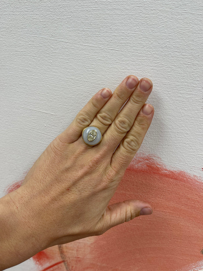 Petite Lollipop Ring - 2.01ct Oval Diamond in Hand Carved Chalcedony
