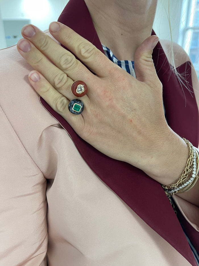 One of a Kind Double Stone Lollipop Ring - 0.94ct Emerald in Jasper/ 1.04ct Champagne Diamond in Carnelian