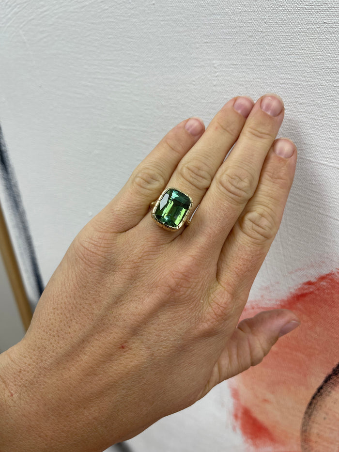 One of a kind 12.35ct cushion cut Green Tourmaline Heirloom Bezel Ring
