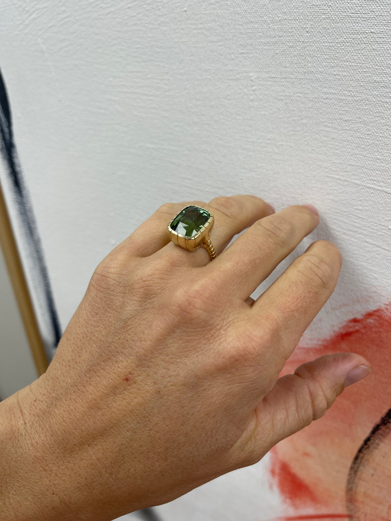 One of a kind 12.35ct cushion cut Green Tourmaline Heirloom Bezel Ring