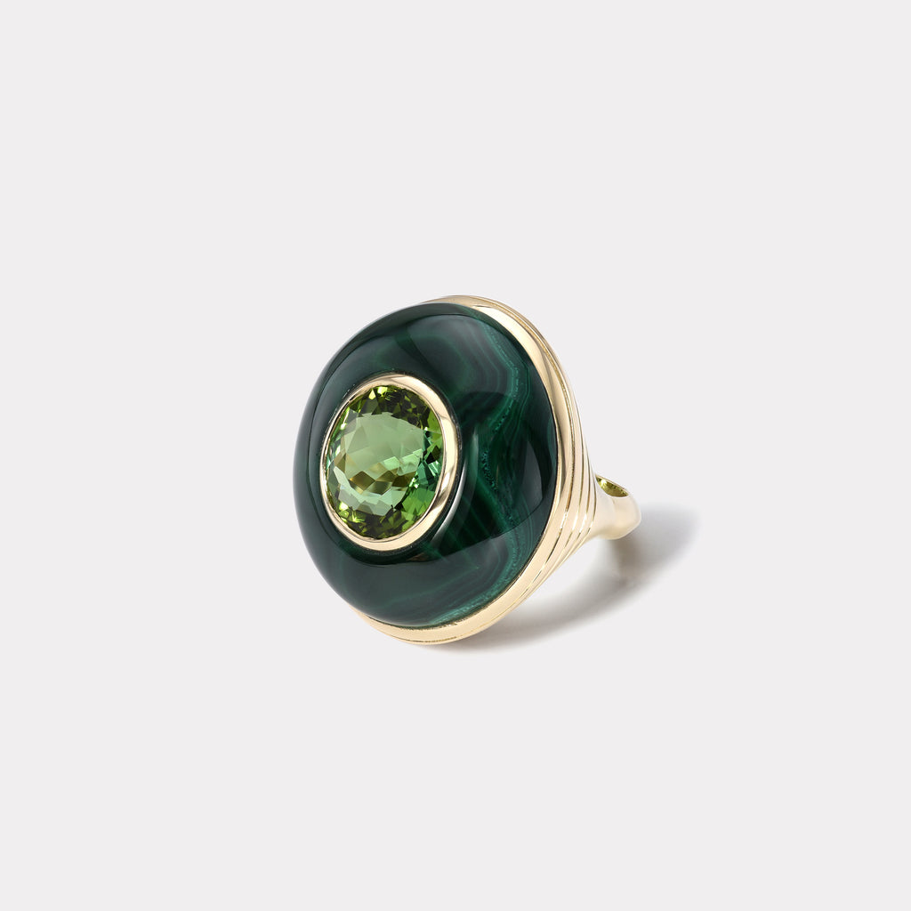 One of a Kind Lollipop Ring -  4.36ct Green Tourmaline in Malachite