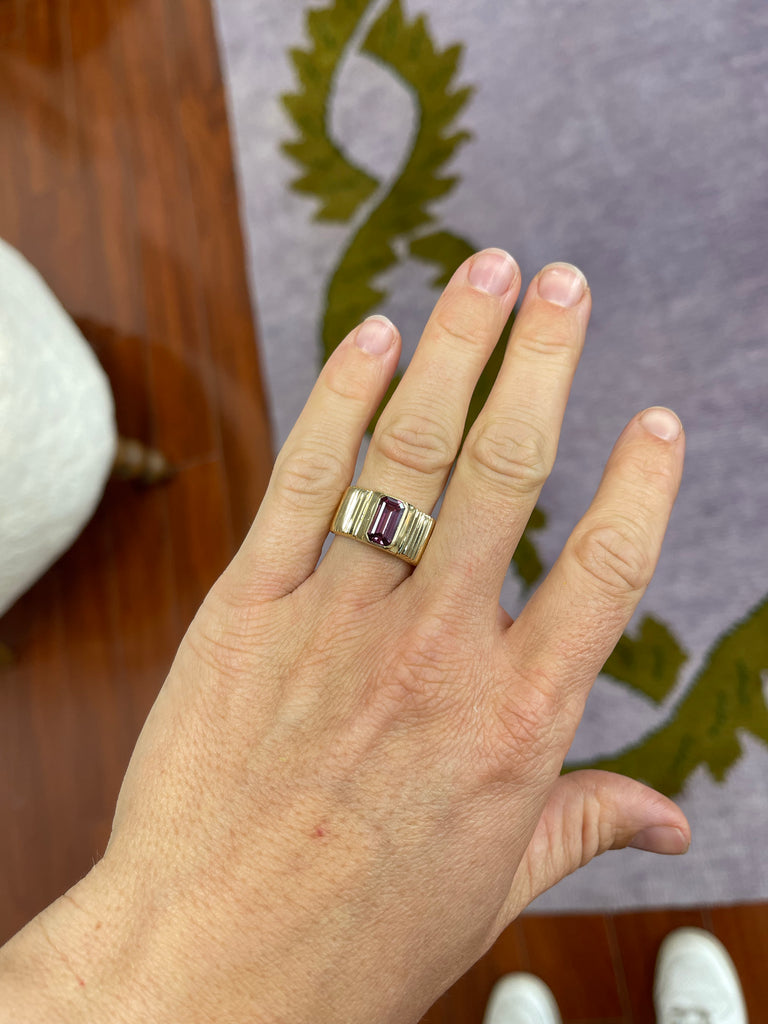 One of a kind Pleated Solitaire Band -  1.95ct Emerald cut Lotus Garnet