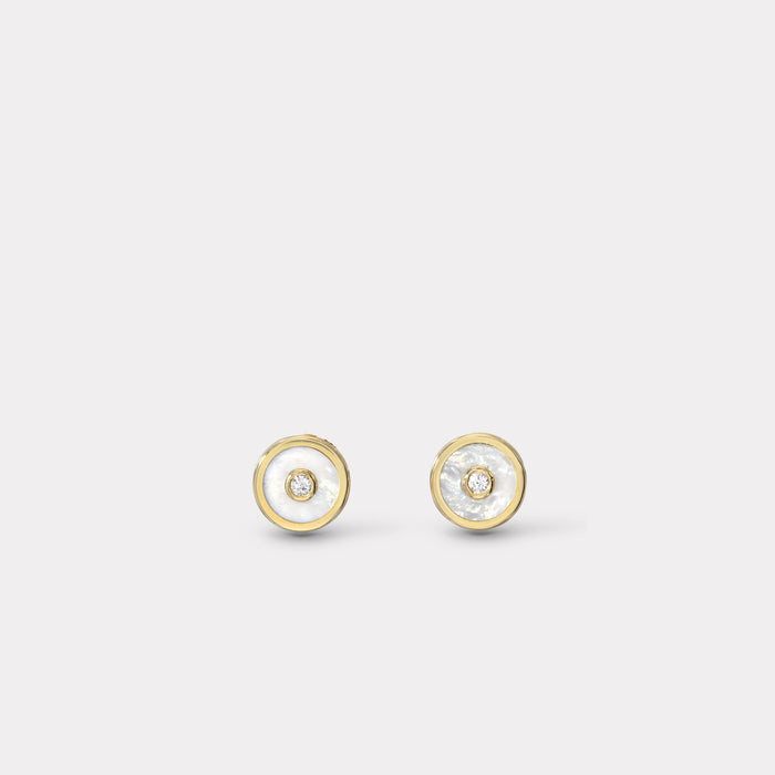 Mini Compass Stud Earrings with White Mother of Pearl