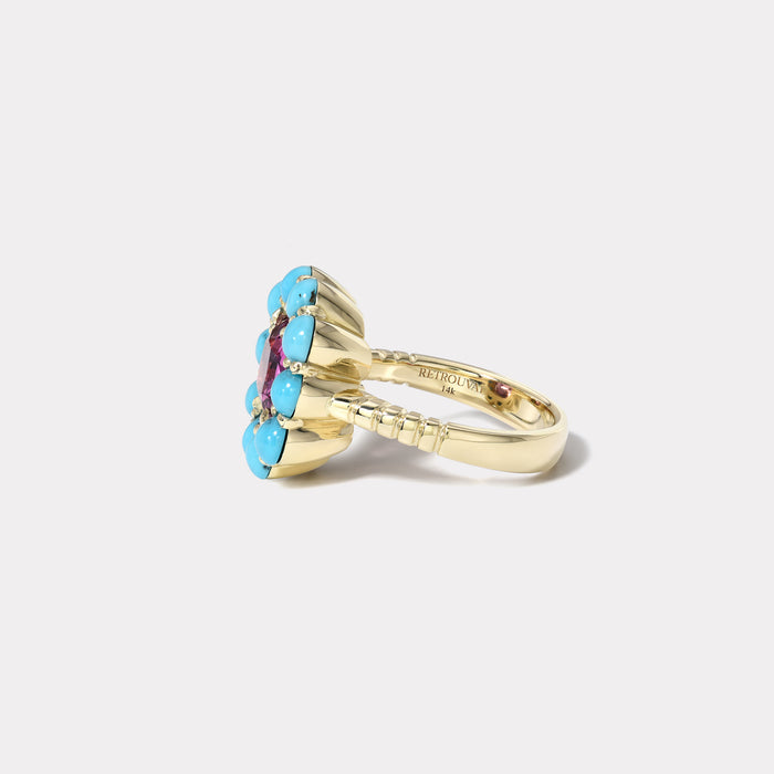 One of a Kind 2.70ct Sapphire and Turquoise Cabochon Heirloom Ring